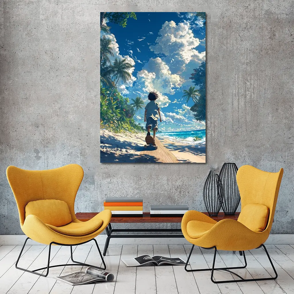 Anime Boy Walking Tropical Beach Blue Sky – Wall Art