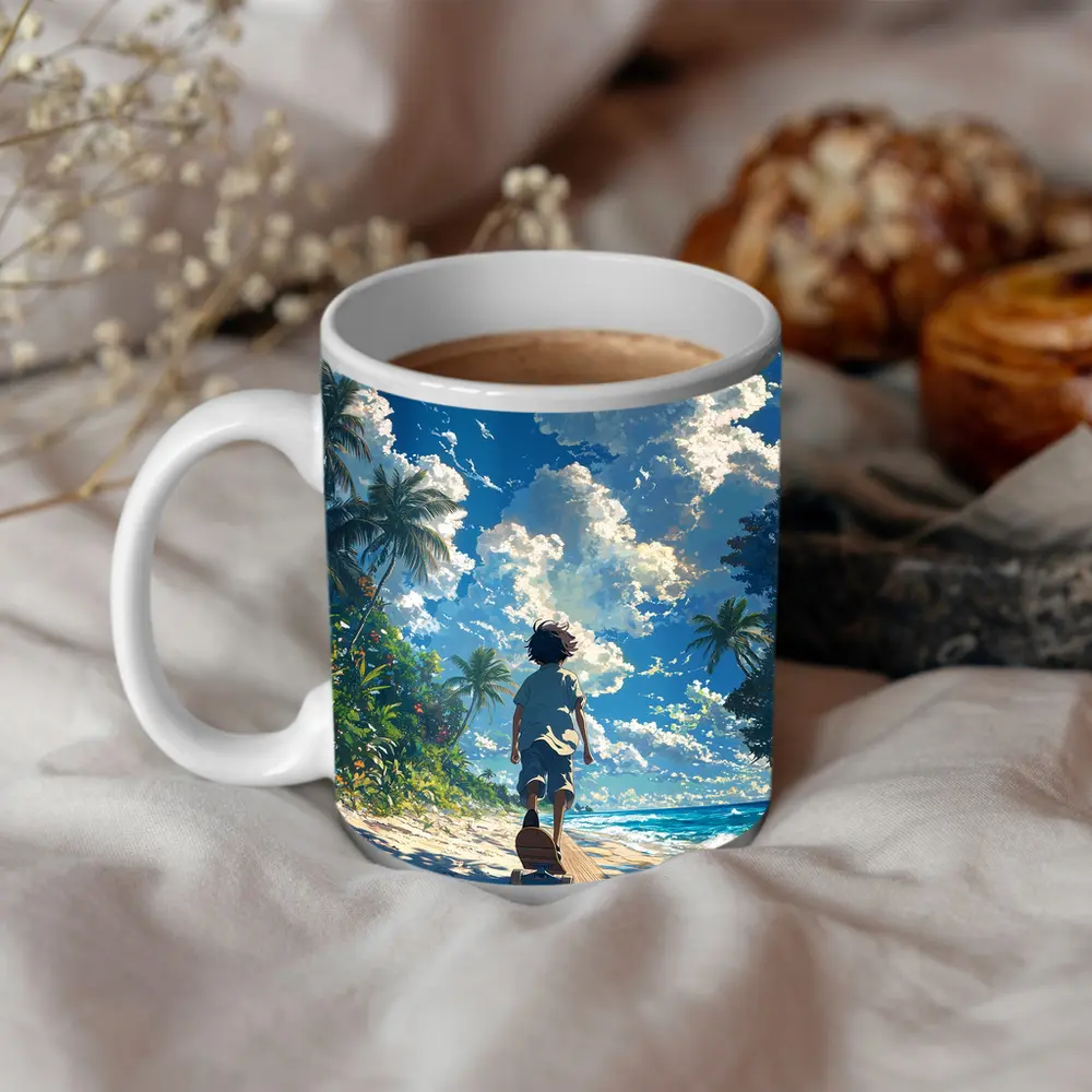 Anime Boy Walking Tropical Beach Blue Sky – Mugs