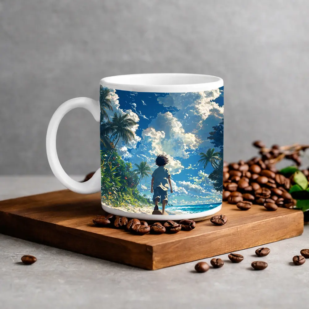 Anime Boy Walking Tropical Beach Blue Sky – Mugs