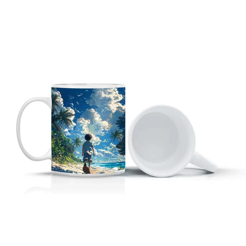 Anime Boy Walking Tropical Beach Blue Sky – Mugs