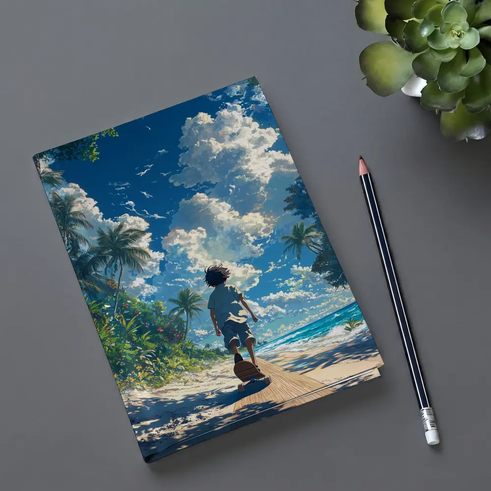 Anime Boy Walking Tropical Beach Blue Sky – Notebooks