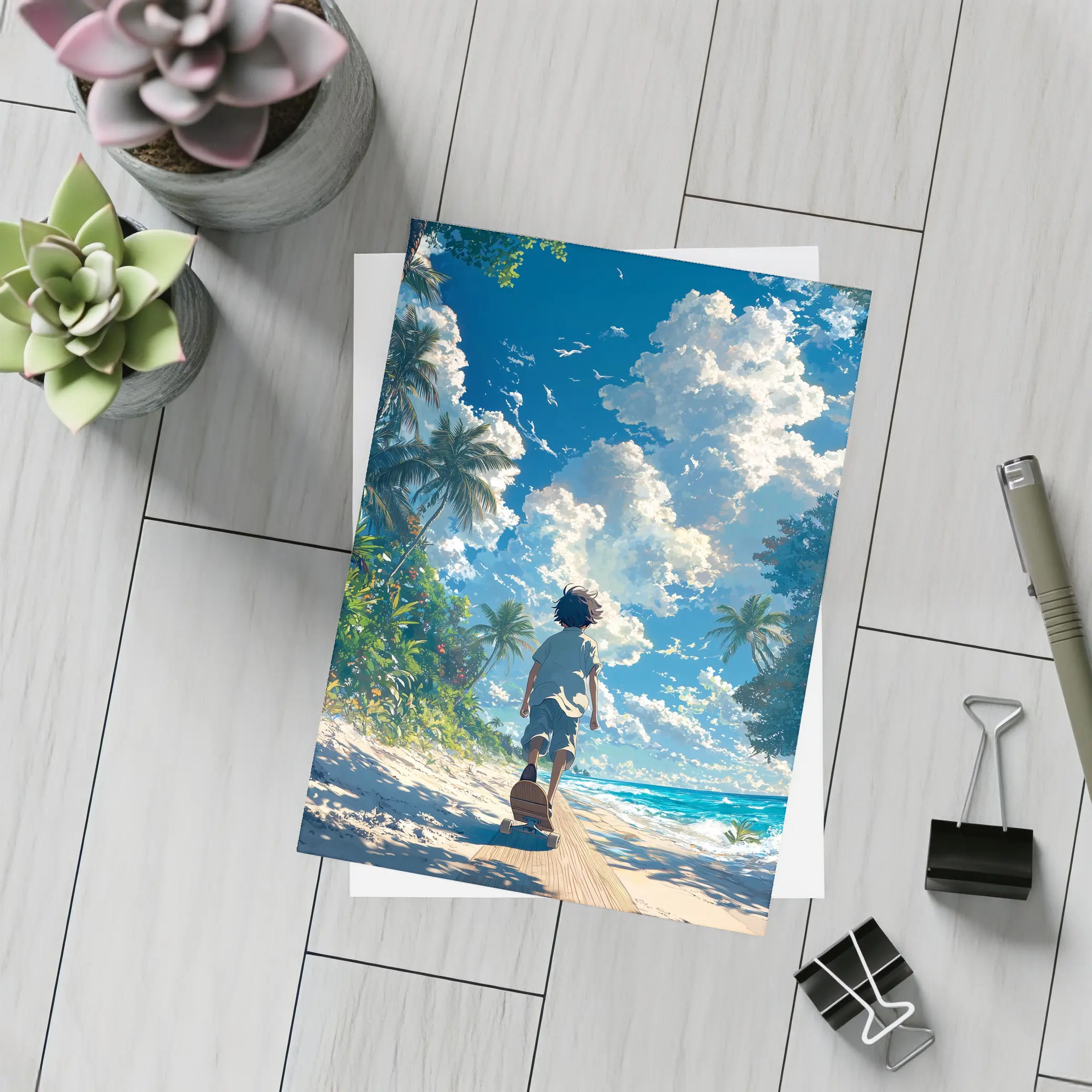 Anime Boy Walking Tropical Beach Blue Sky – Postcards