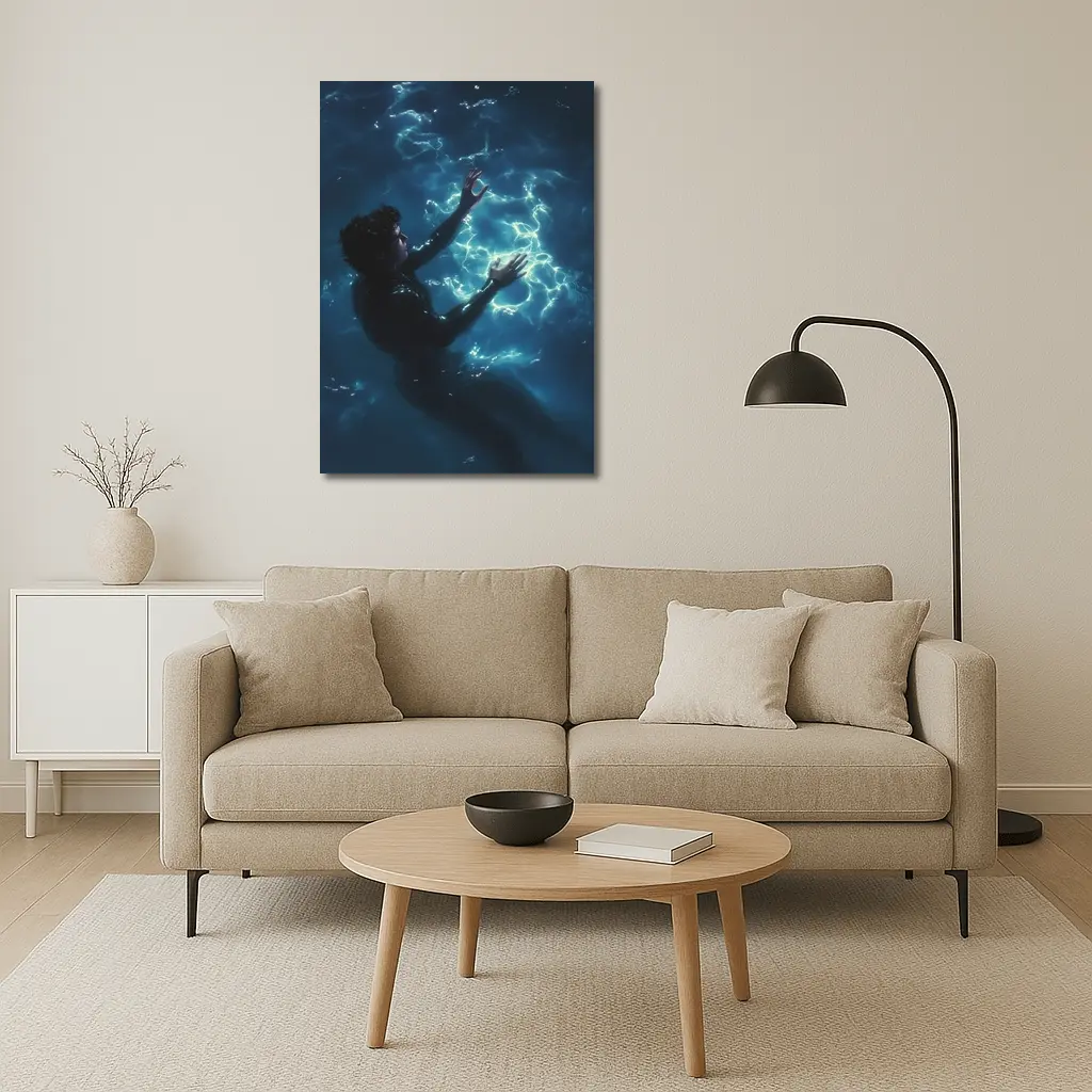Person Underwater Dark Blue Glowing Light – Wall Art