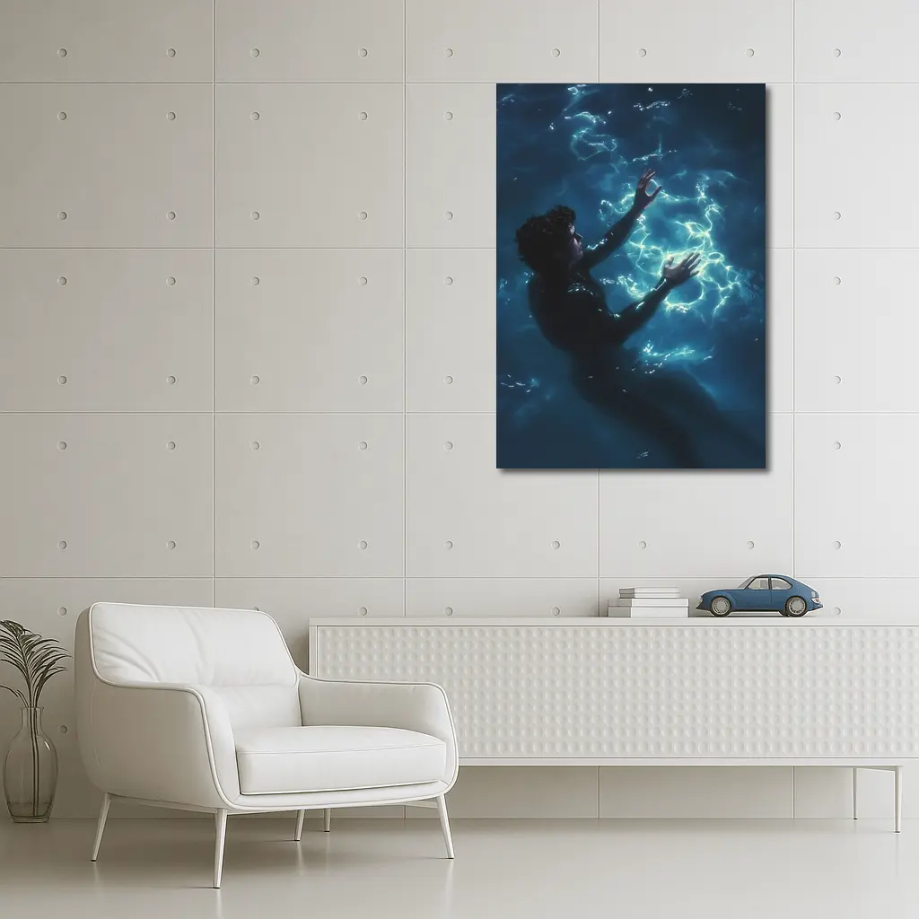 Person Underwater Dark Blue Glowing Light – Wall Art