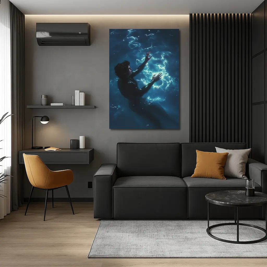 Person Underwater Dark Blue Glowing Light – Wall Art