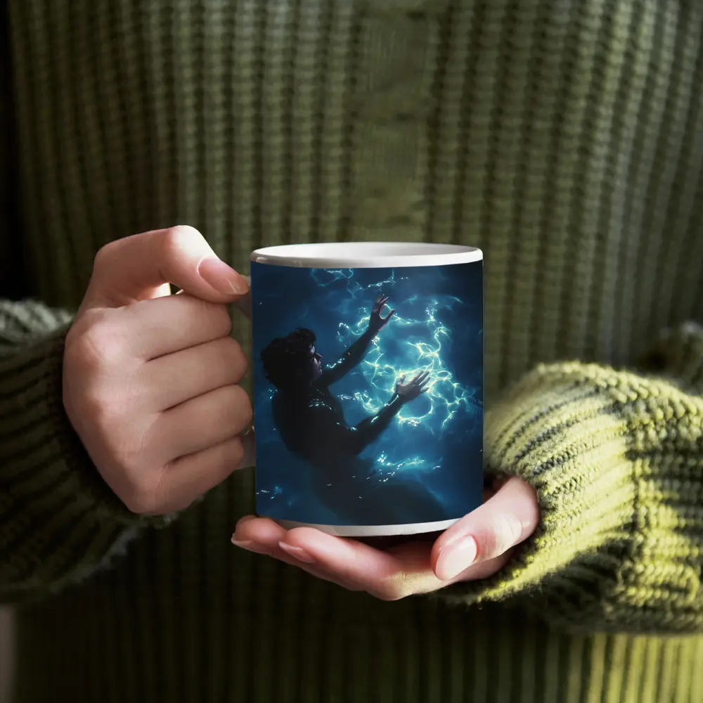 Person Underwater Dark Blue Glowing Light – Mugs