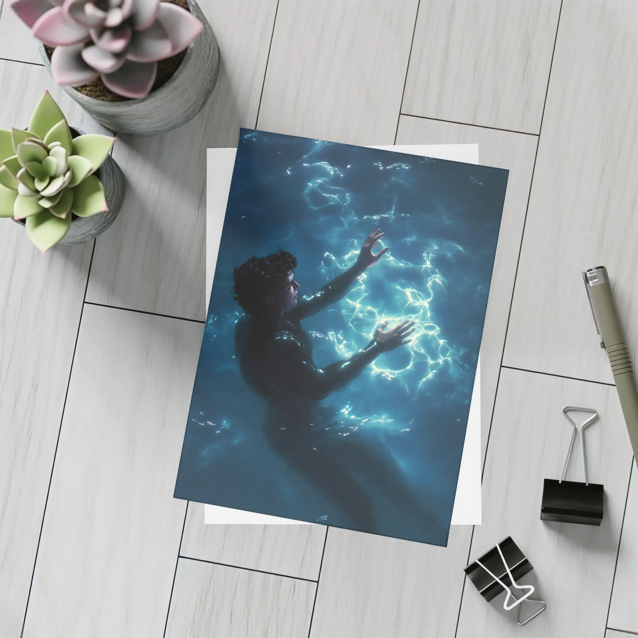 Person Underwater Dark Blue Glowing Light – Postcards