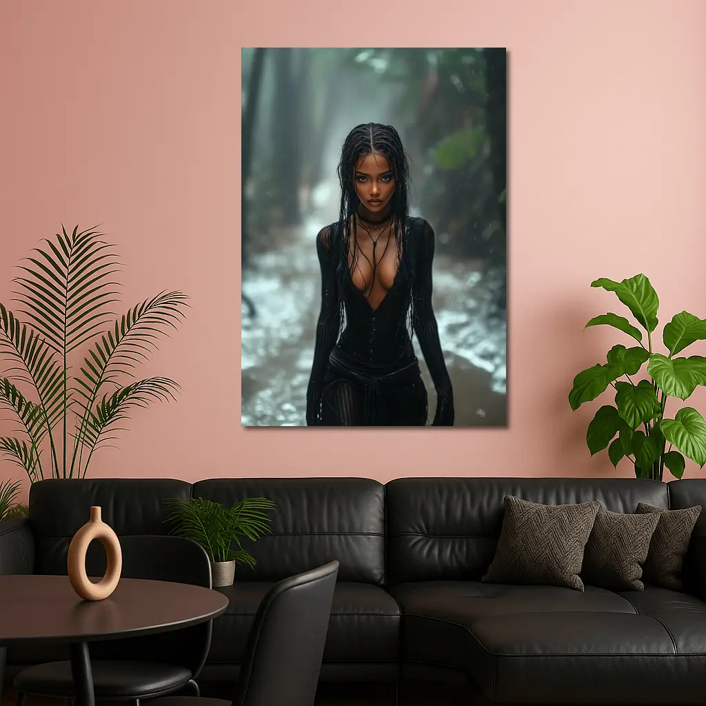 Woman in Black Standing Rainy Forest Path – Wall Art