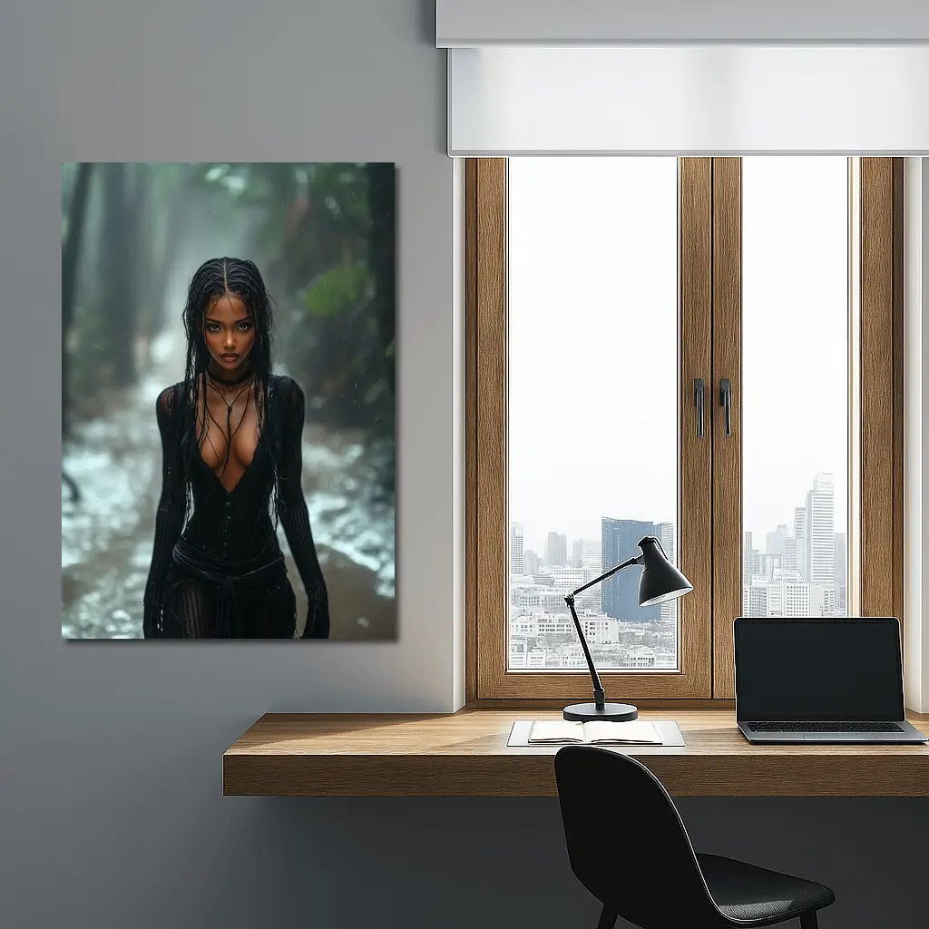 Woman in Black Standing Rainy Forest Path – Wall Art