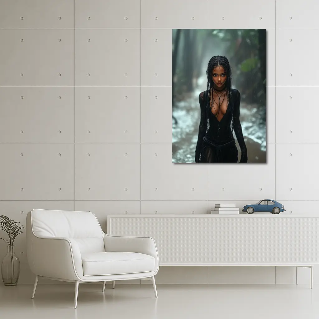 Woman in Black Standing Rainy Forest Path – Wall Art