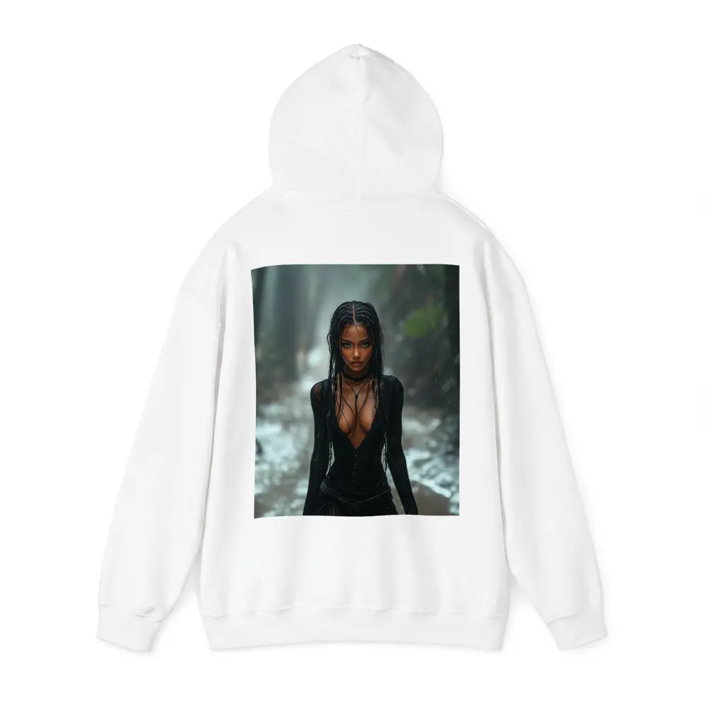 Woman in Black Standing Rainy Forest Path – Hoodies