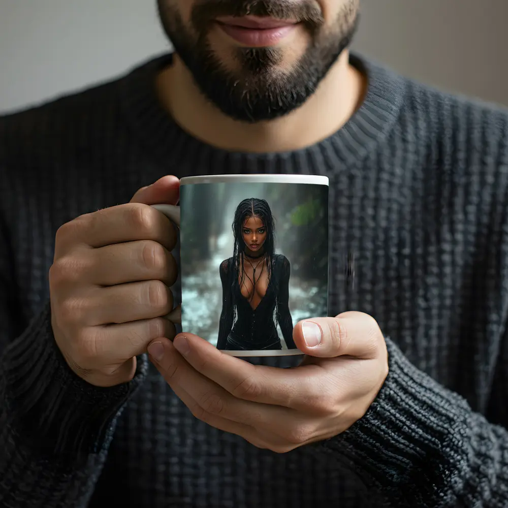 Woman in Black Standing Rainy Forest Path – Mugs