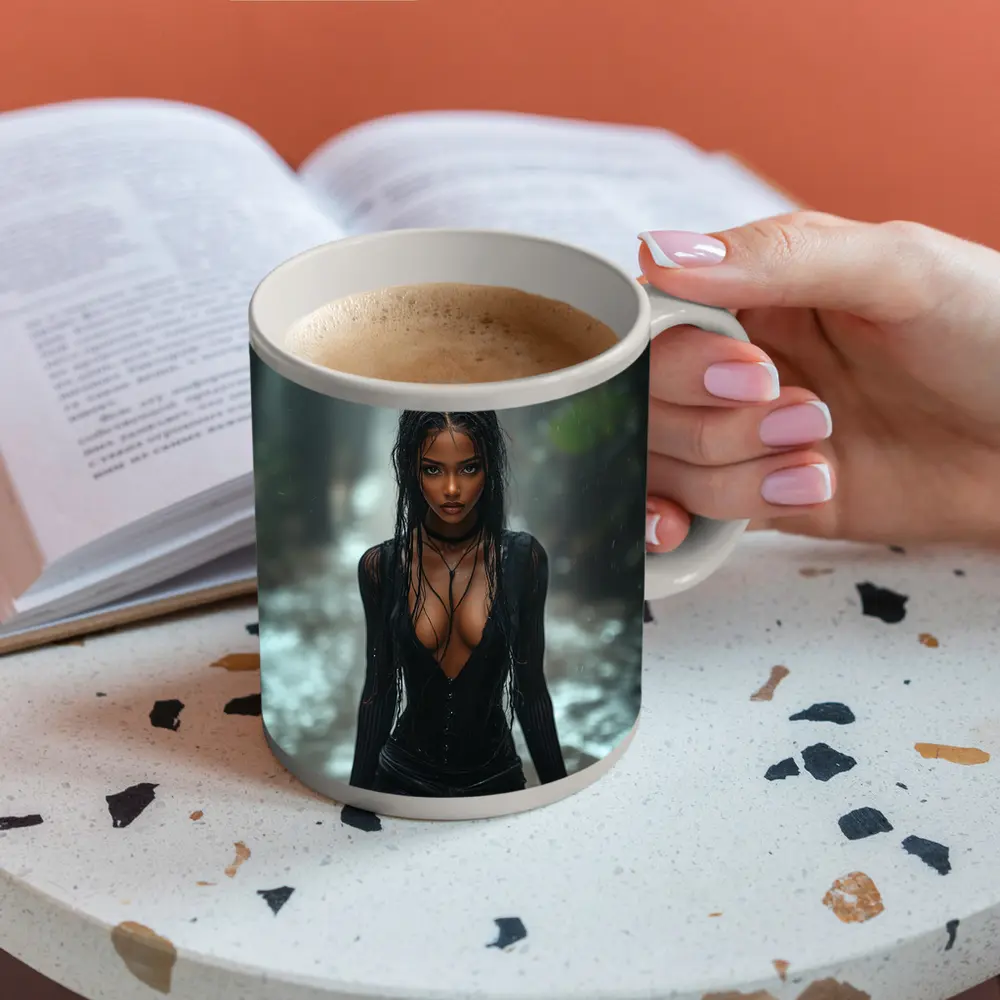 Woman in Black Standing Rainy Forest Path – Mugs