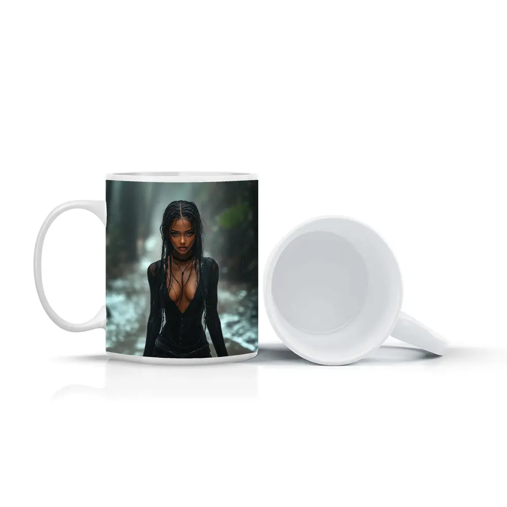 Woman in Black Standing Rainy Forest Path – Mugs