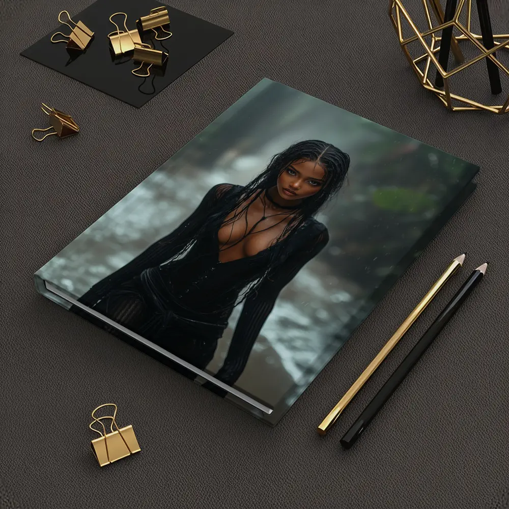 Woman in Black Standing Rainy Forest Path – Notebooks