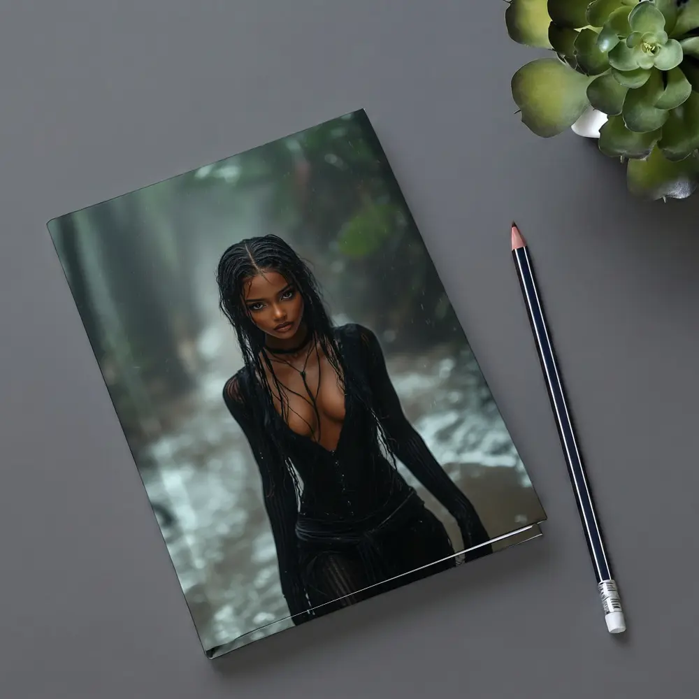 Woman in Black Standing Rainy Forest Path – Notebooks