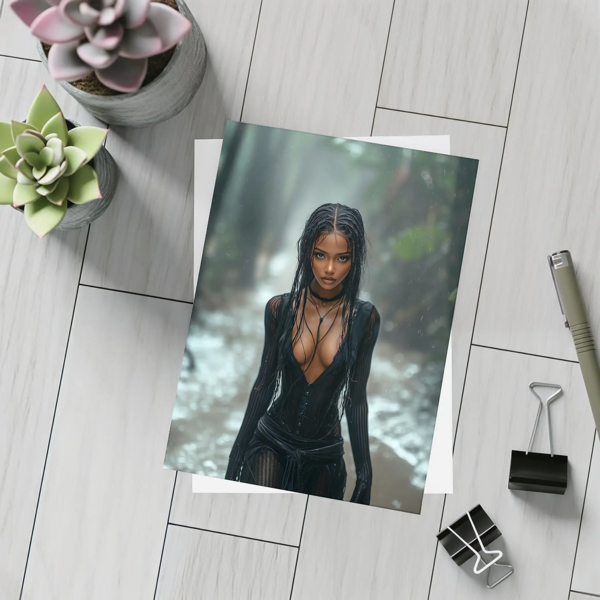 Woman in Black Standing Rainy Forest Path – Postcards