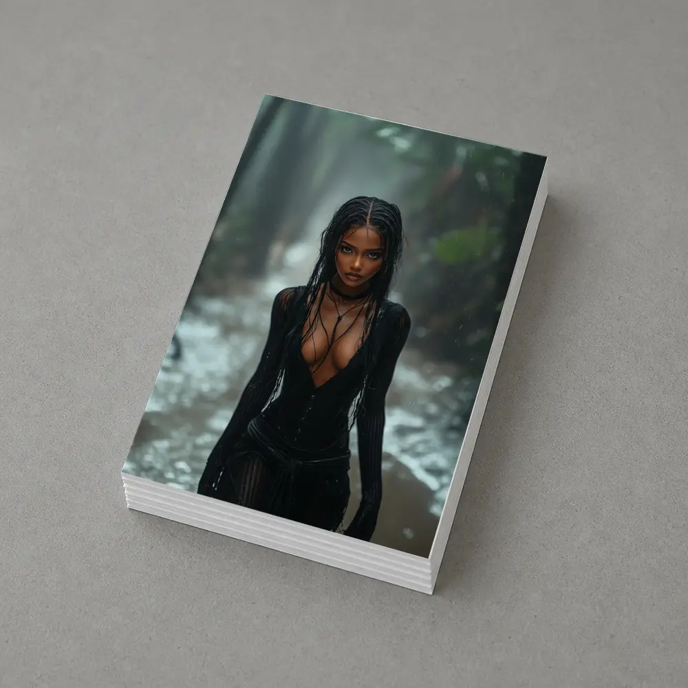 Woman in Black Standing Rainy Forest Path – Postcards