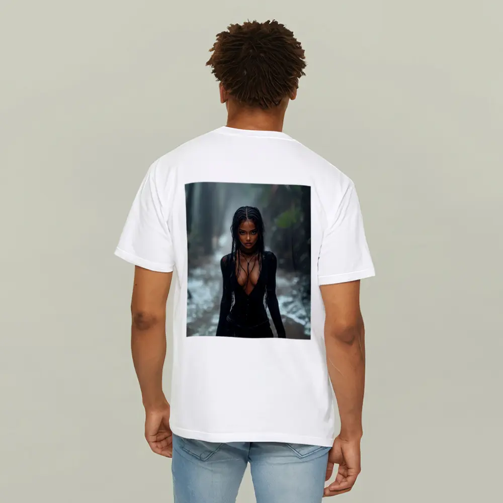Woman in Black Standing Rainy Forest Path – T-Shirts