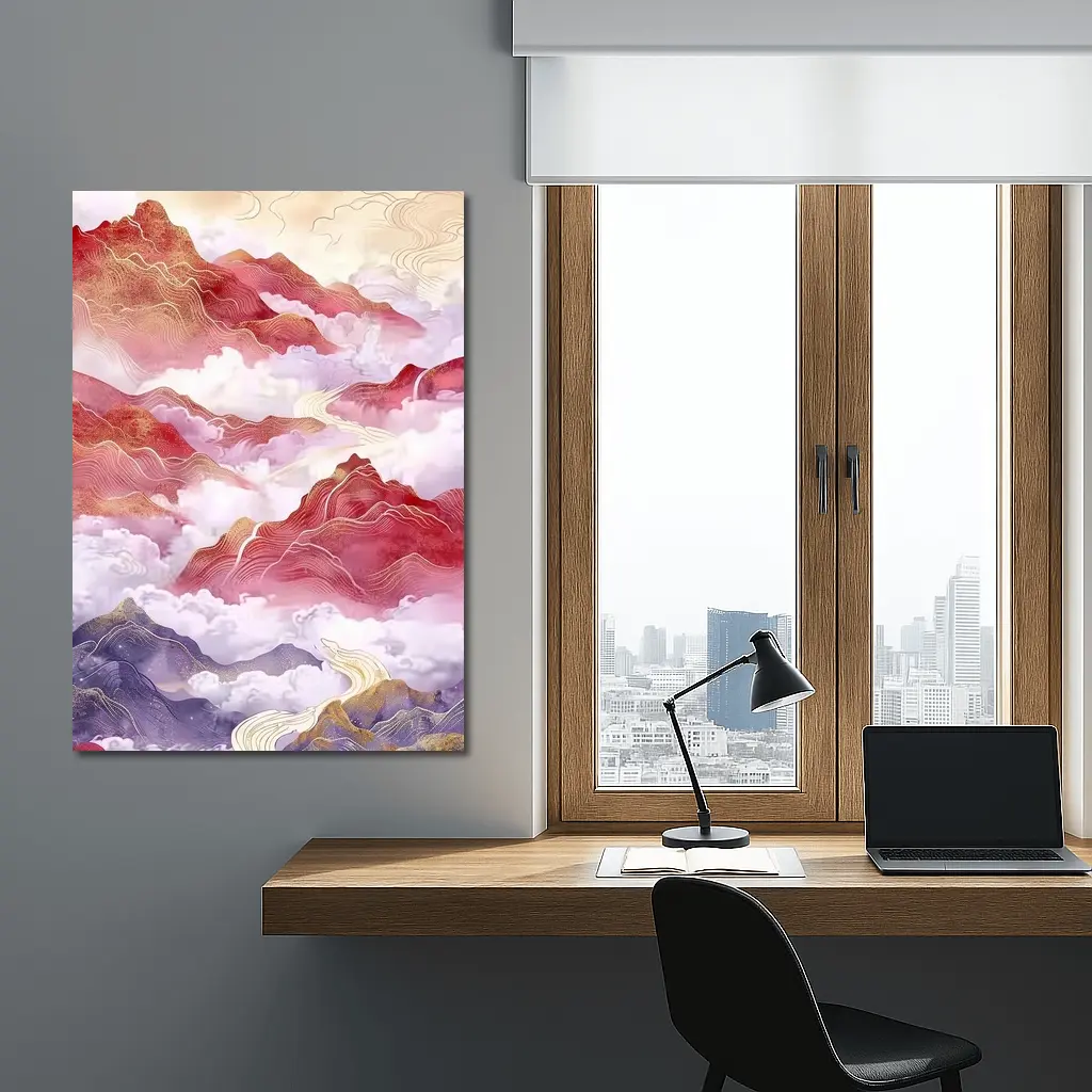 Red Mountains Clouds Chinese Traditional Art Style – Wall Art