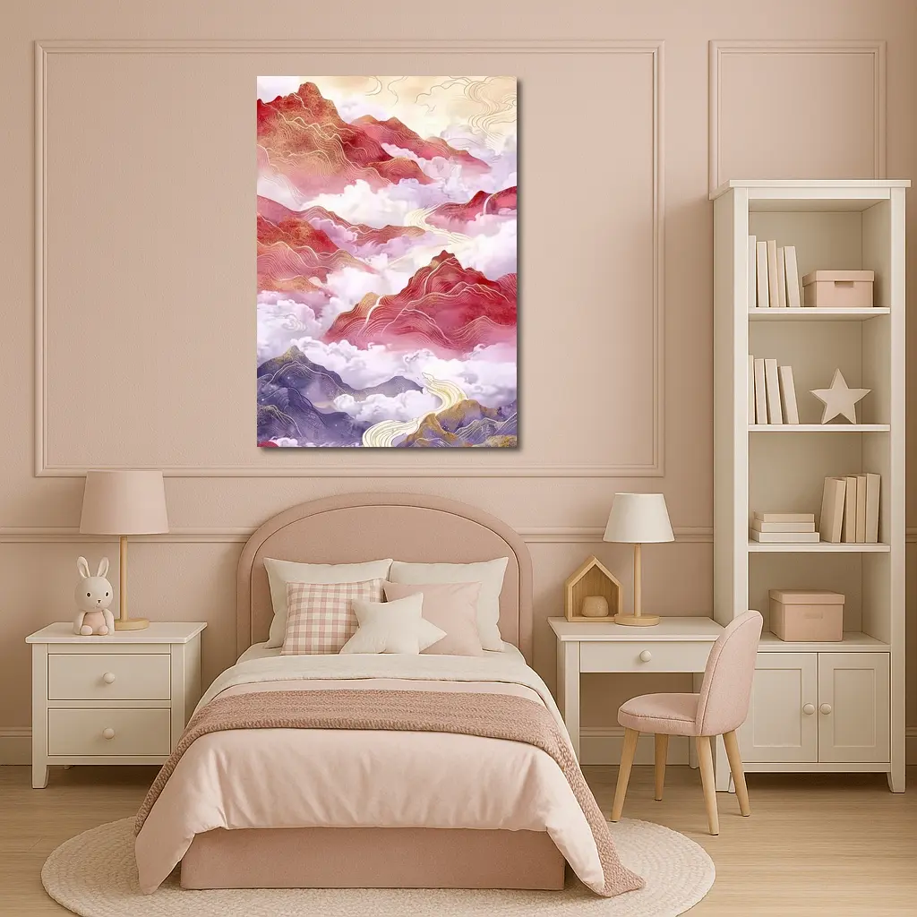 Red Mountains Clouds Chinese Traditional Art Style – Wall Art
