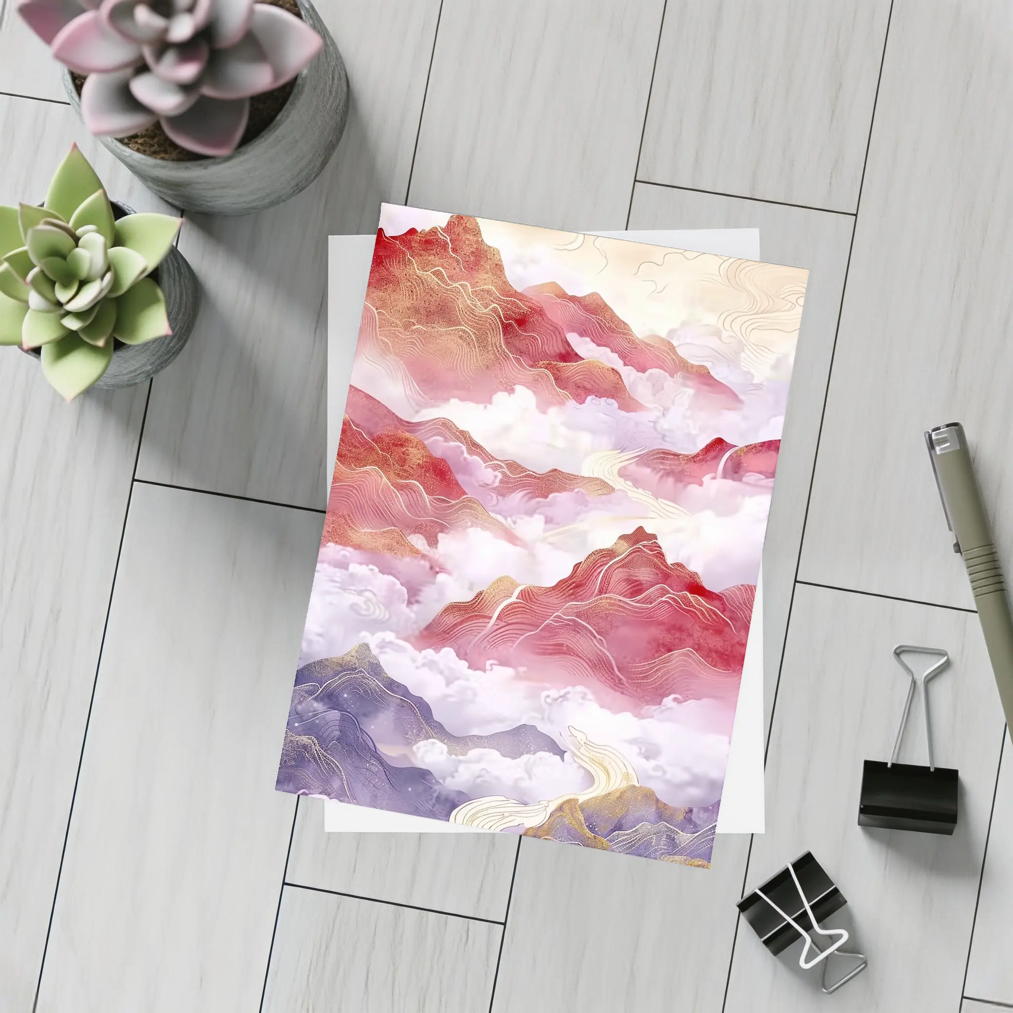 Red Mountains Clouds Chinese Traditional Art Style – Postcards