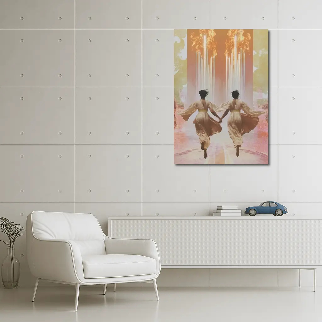 Two Women Running Toward Flames Surreal – Wall Art