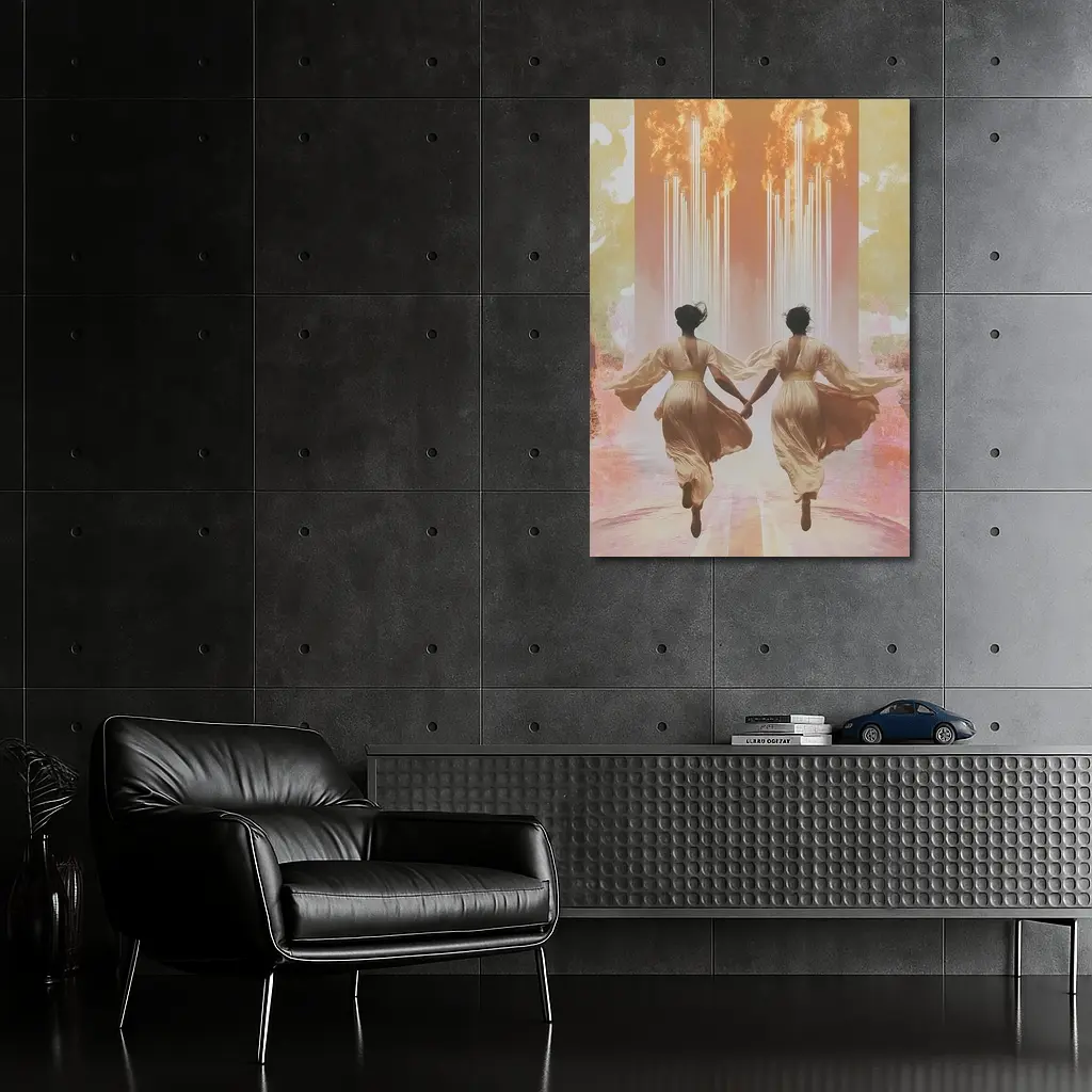 Two Women Running Toward Flames Surreal – Wall Art