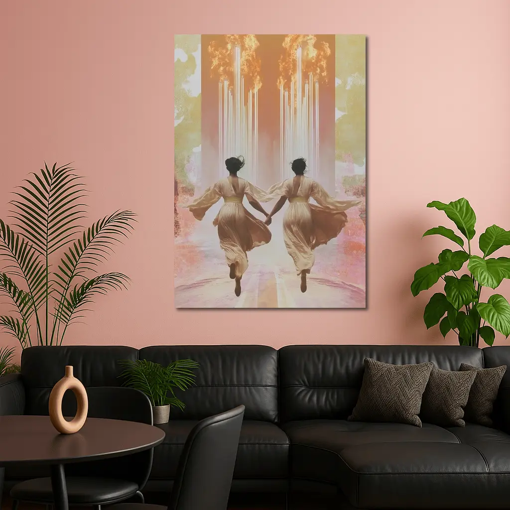 Two Women Running Toward Flames Surreal – Wall Art