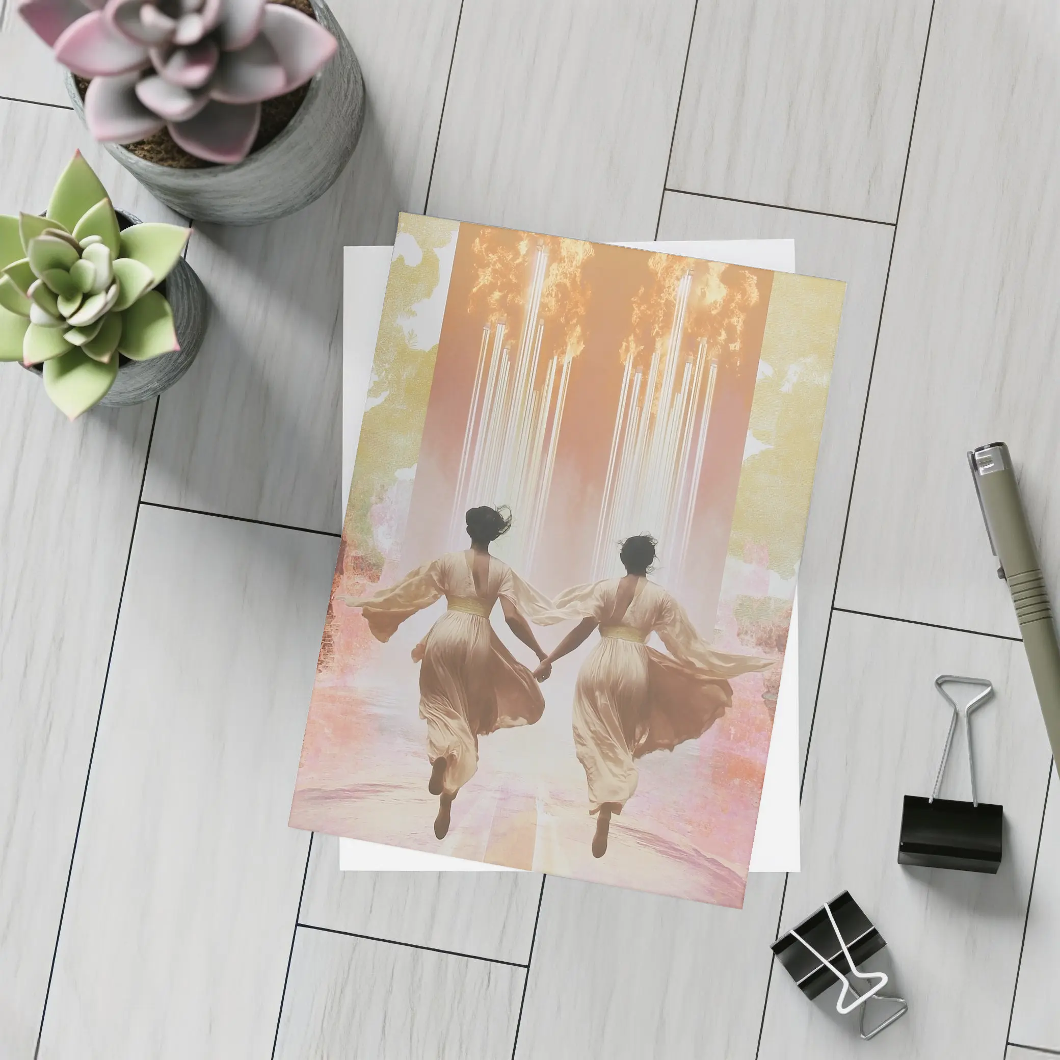 Two Women Running Toward Flames Surreal – Postcards