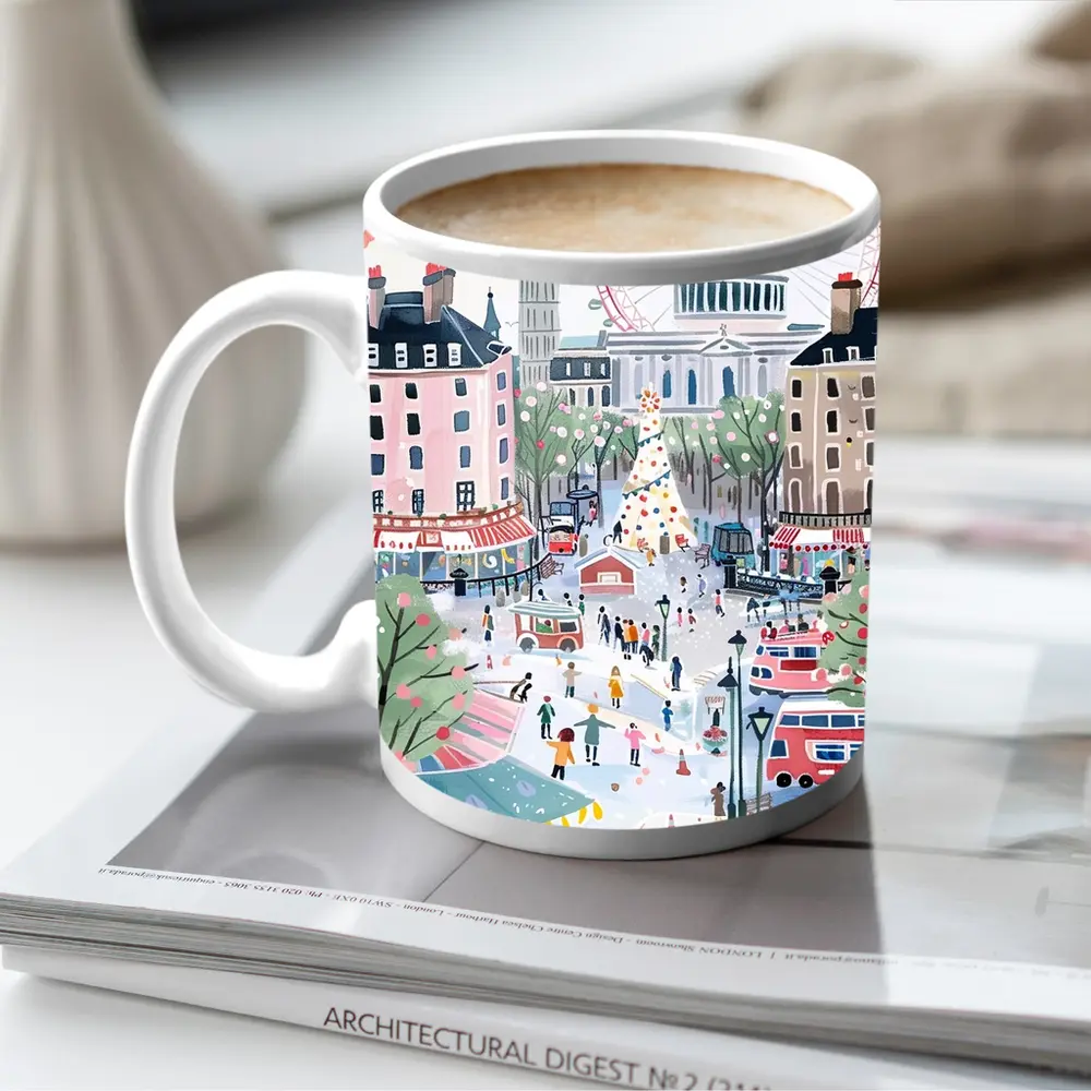 London Christmas Market Illustration Festive Scene – Mugs