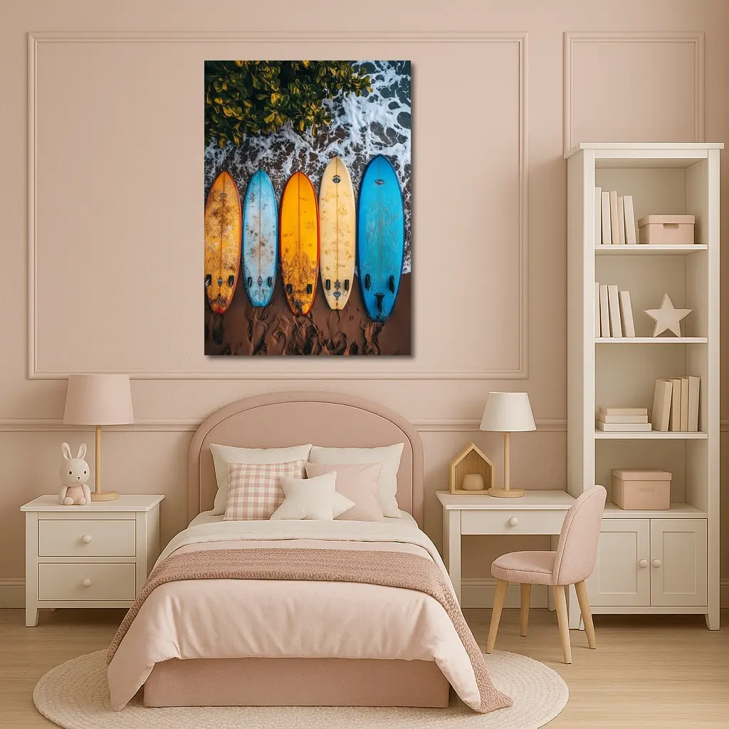 Colorful Surfboards Lined Up On Sandy Beach – Wall Art