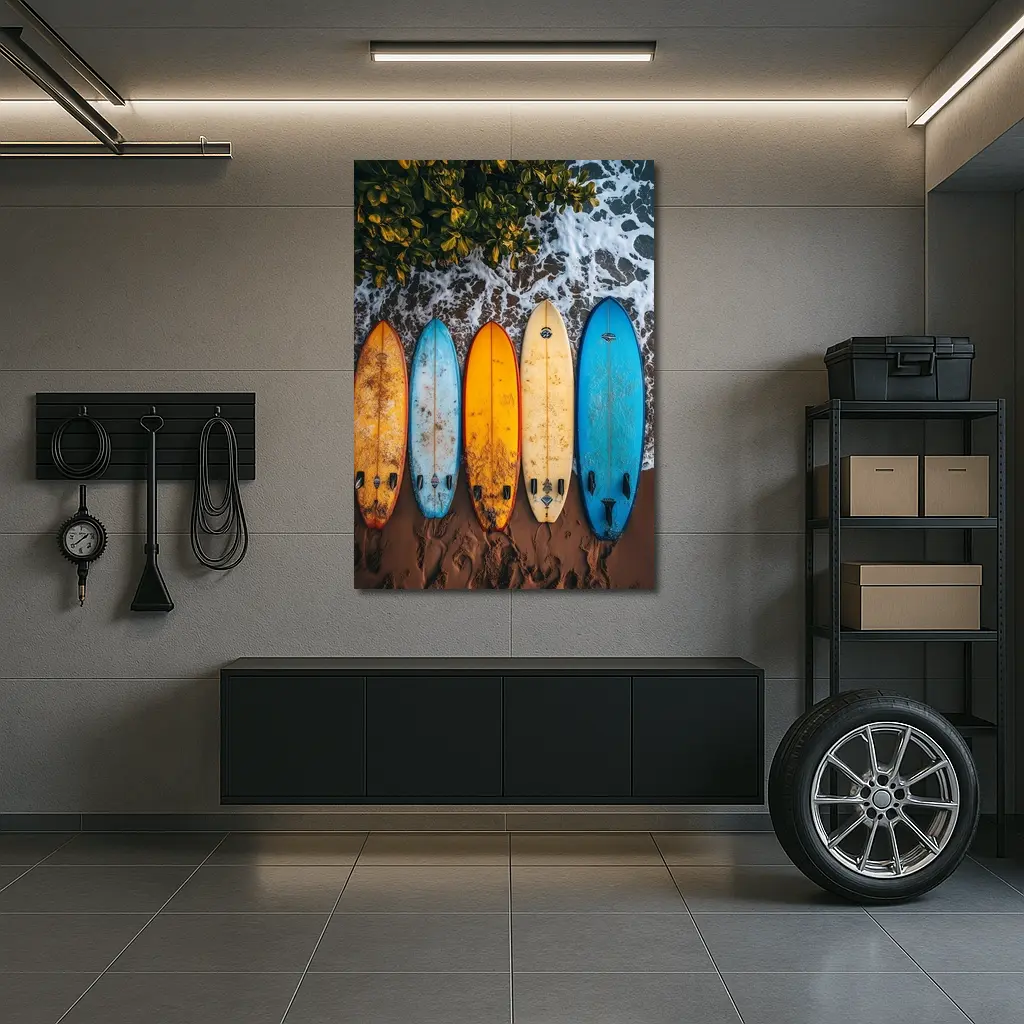 Colorful Surfboards Lined Up On Sandy Beach – Wall Art