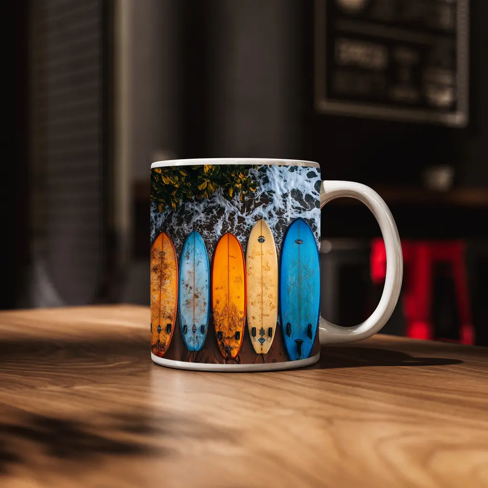 Colorful Surfboards Lined Up On Sandy Beach – Mugs