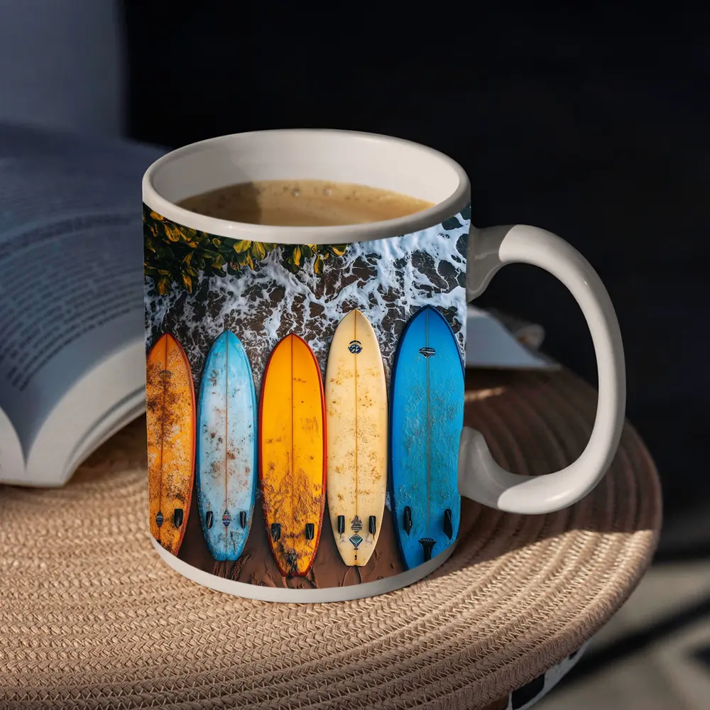 Colorful Surfboards Lined Up On Sandy Beach – Mugs