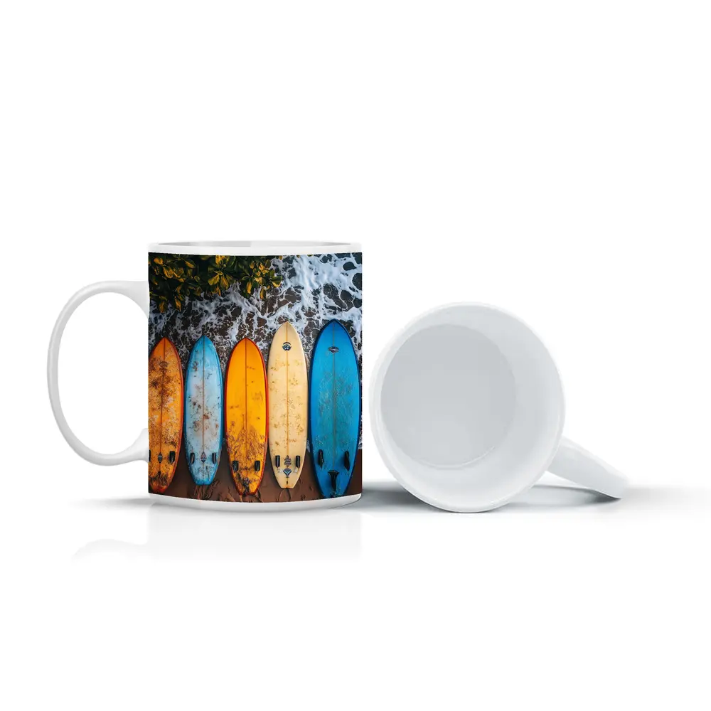 Colorful Surfboards Lined Up On Sandy Beach – Mugs