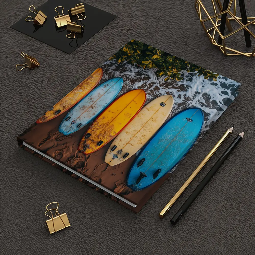 Colorful Surfboards Lined Up On Sandy Beach – Notebooks