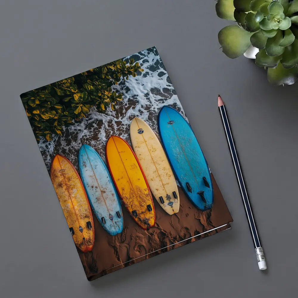 Colorful Surfboards Lined Up On Sandy Beach – Notebooks