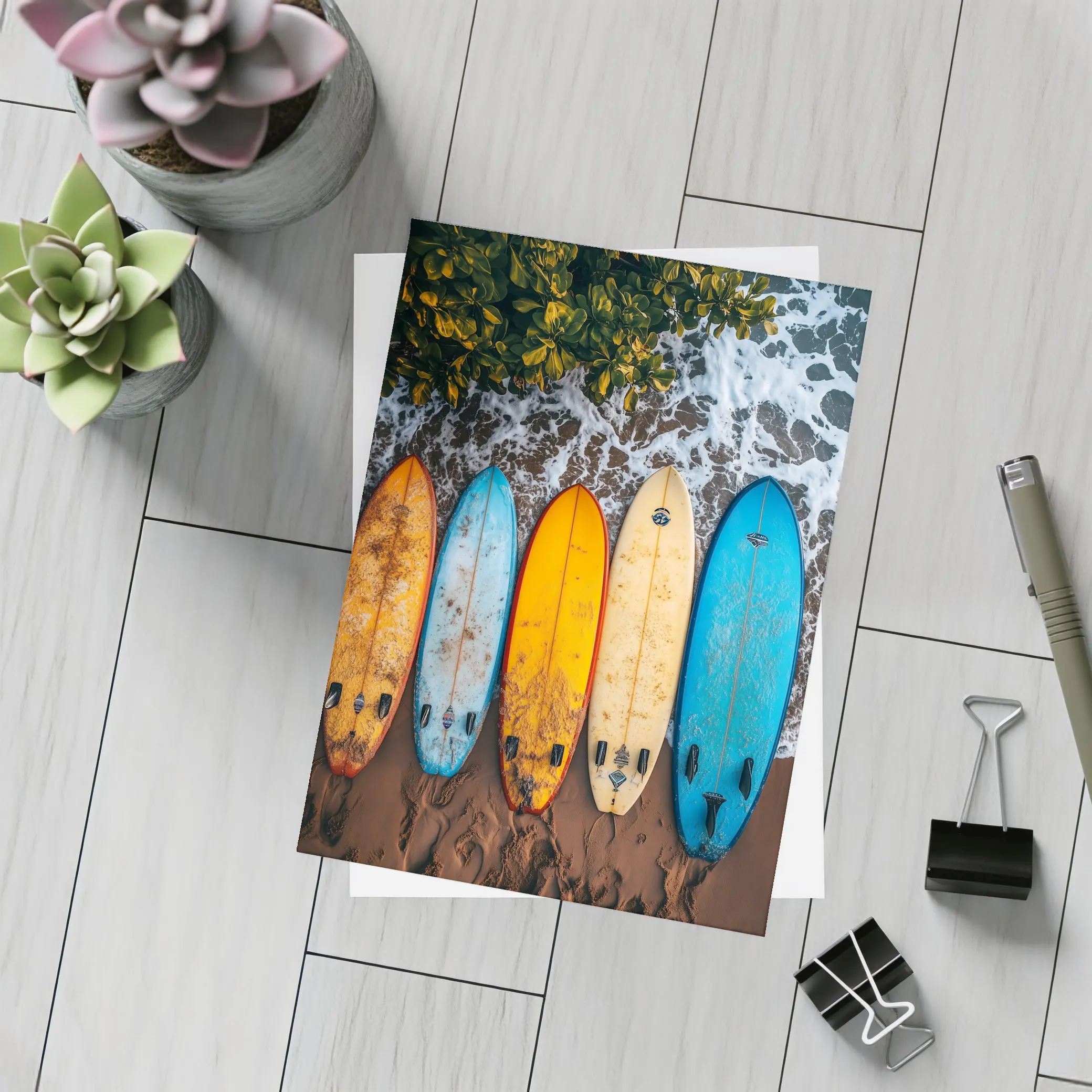 Colorful Surfboards Lined Up On Sandy Beach – Postcards
