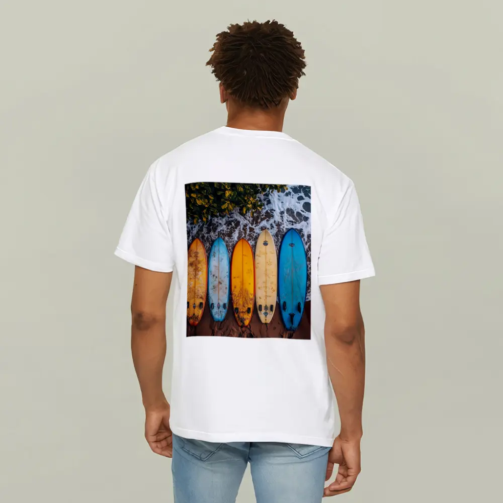 Colorful Surfboards Lined Up On Sandy Beach – T-Shirts