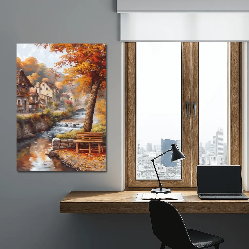 Autumn Village River Stone Bridge Painting – Wall Art