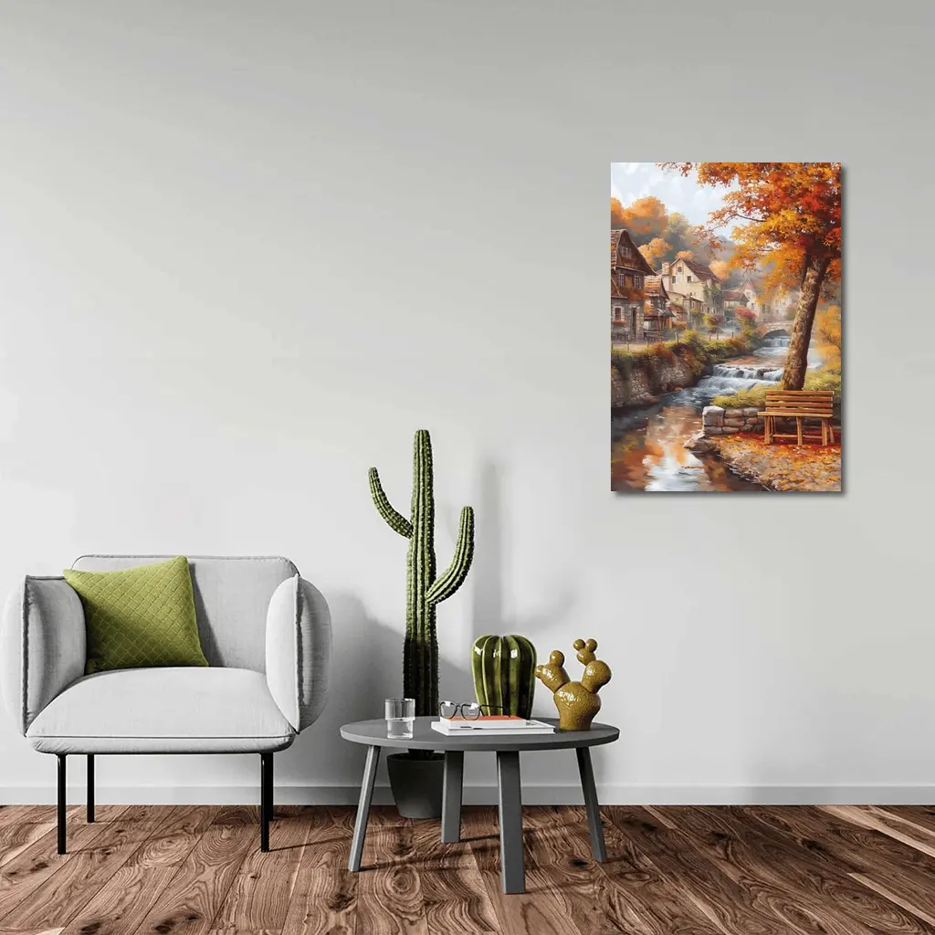 Autumn Village River Stone Bridge Painting – Wall Art