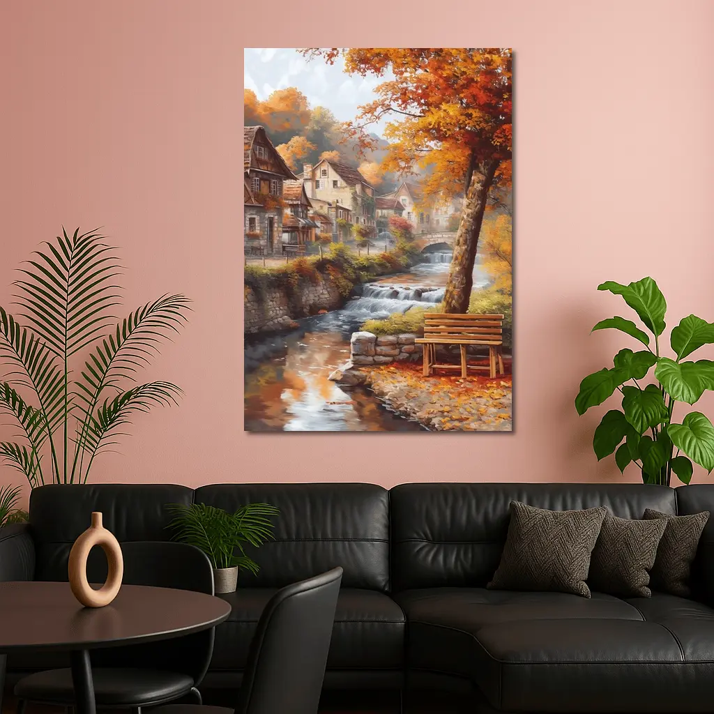 Autumn Village River Stone Bridge Painting – Wall Art