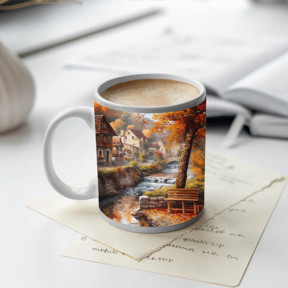 Autumn Village River Stone Bridge Painting – Mugs