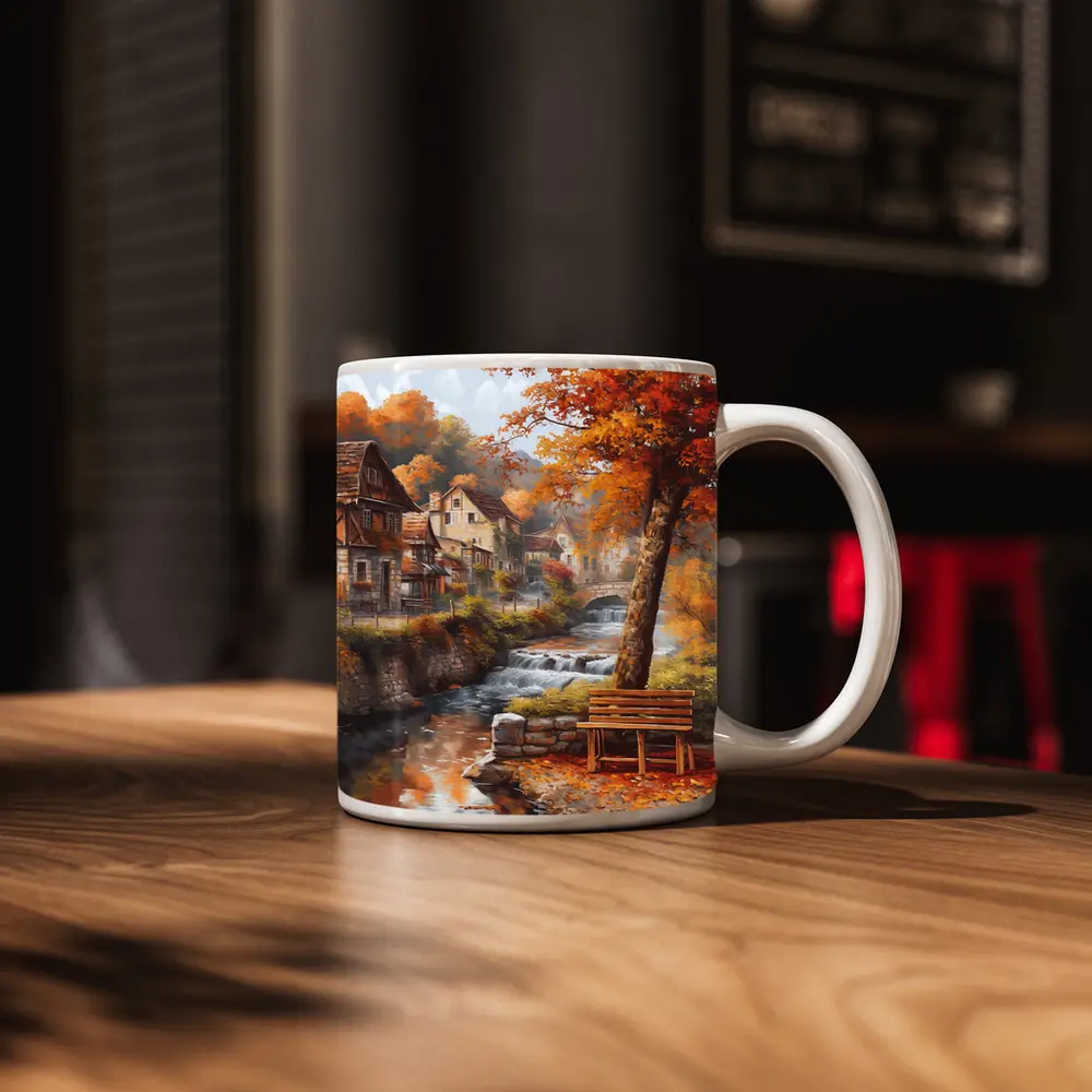 Autumn Village River Stone Bridge Painting – Mugs