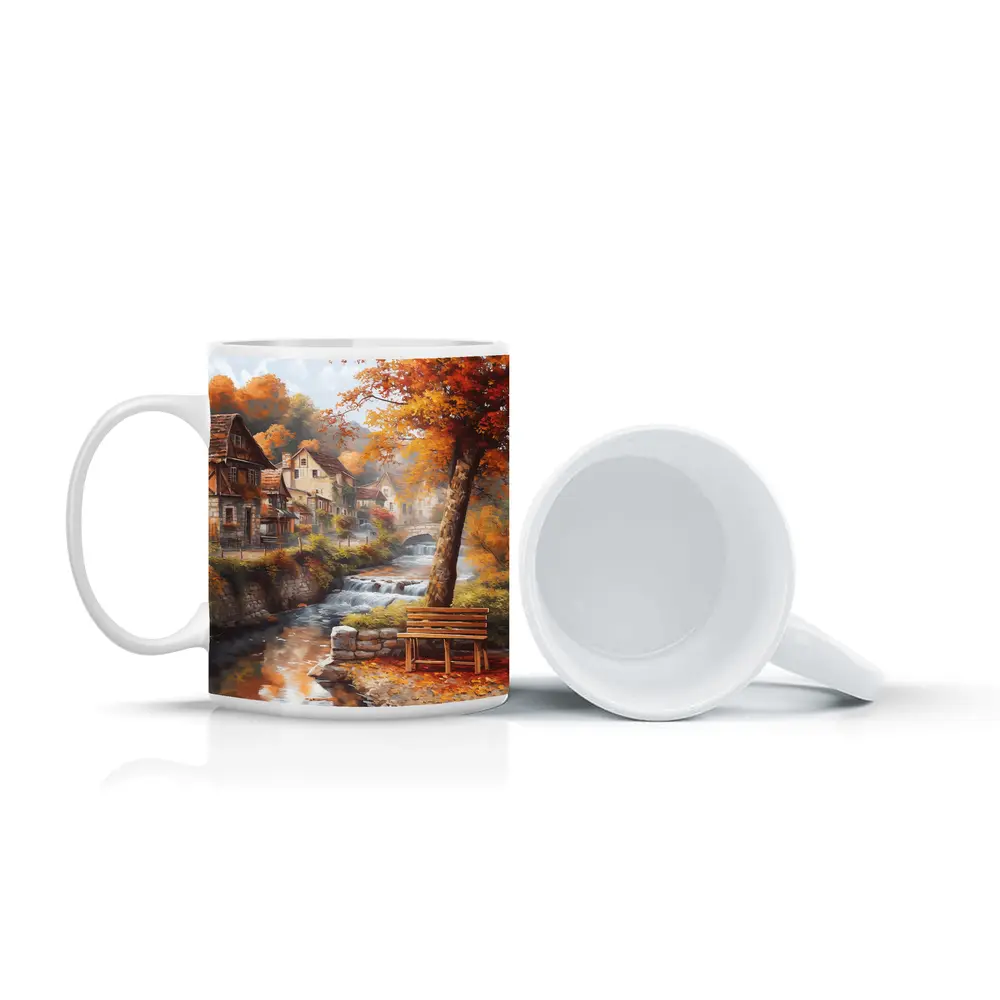 Autumn Village River Stone Bridge Painting – Mugs