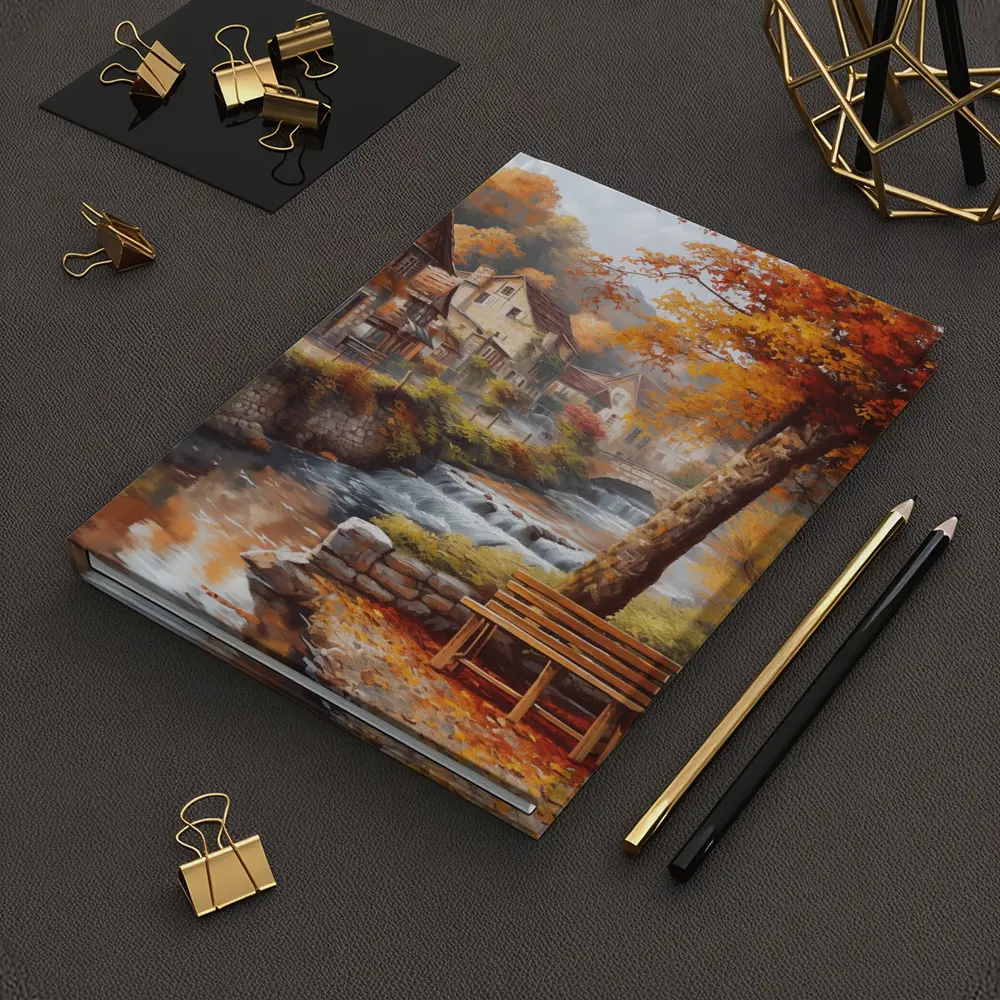 Autumn Village River Stone Bridge Painting – Notebooks