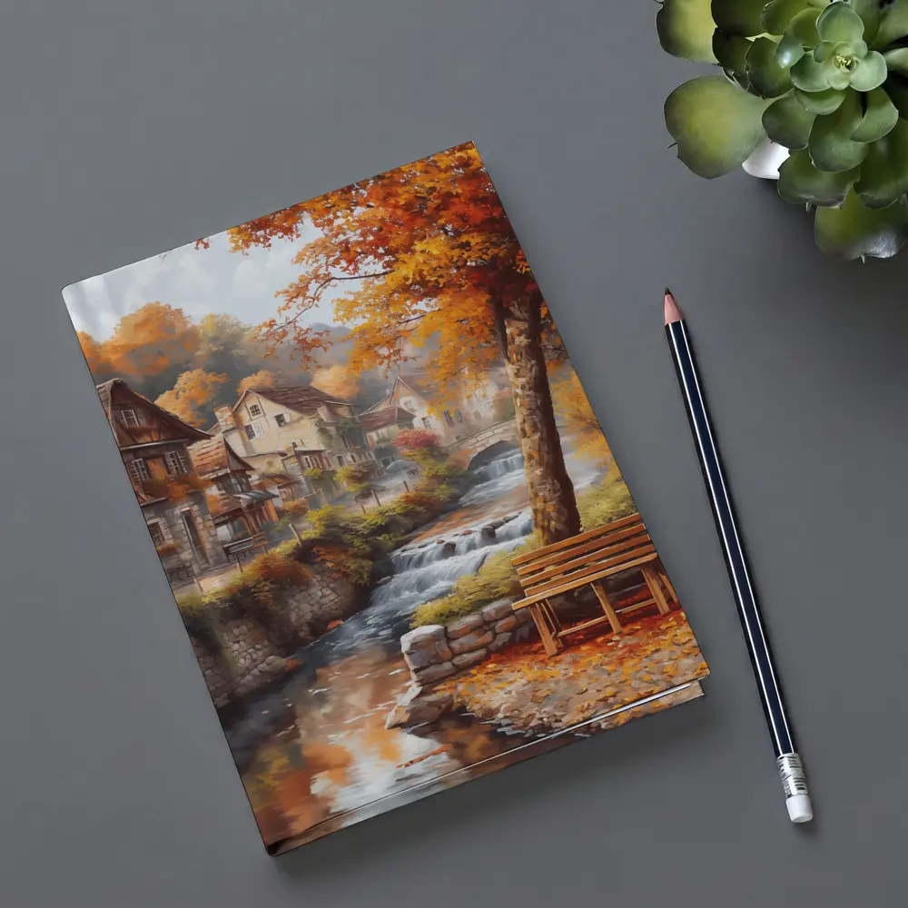 Autumn Village River Stone Bridge Painting – Notebooks