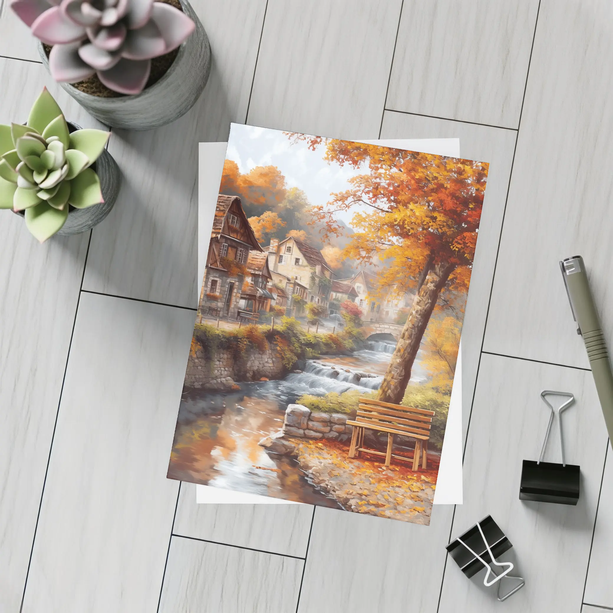 Autumn Village River Stone Bridge Painting – Postcards
