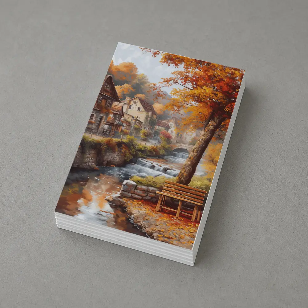 Autumn Village River Stone Bridge Painting – Postcards